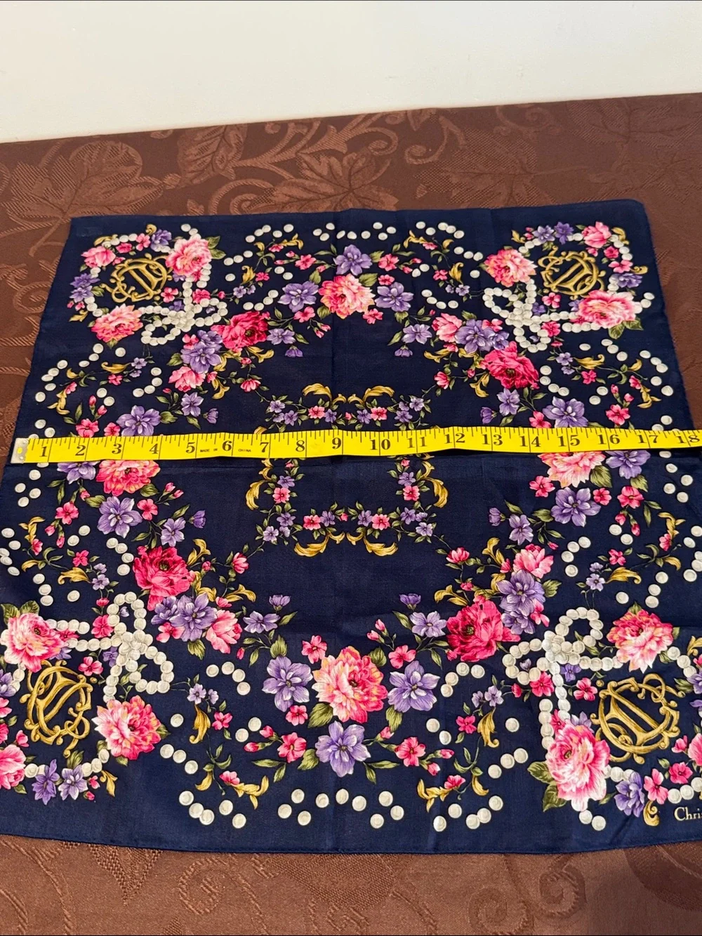 Christian Dior Navy Floral Handkerchief with Pink & Purple Blooms - Picture 4 of 6
